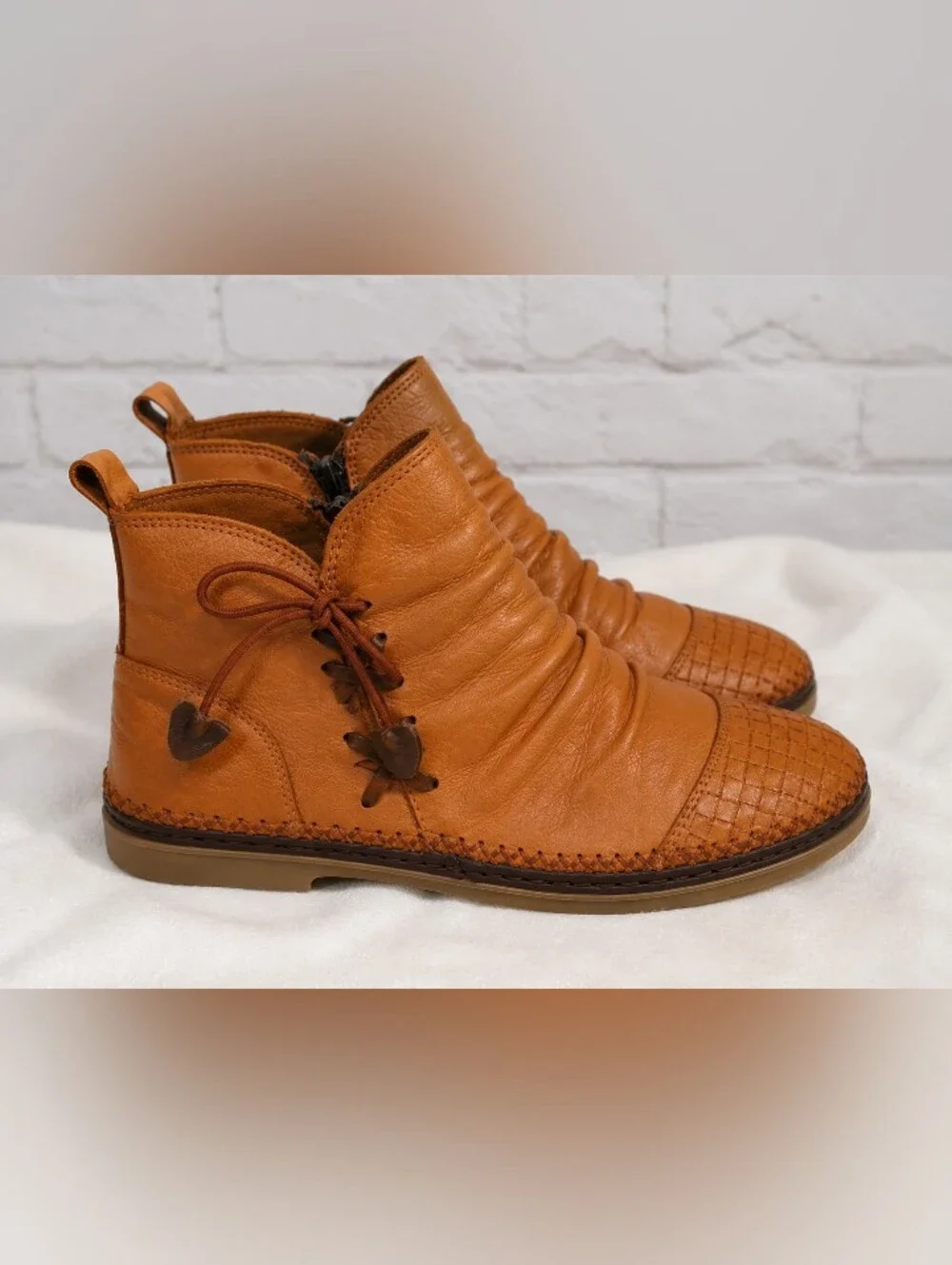 walking step womans  genuine leather cognac woven toe ankle booties size 37 -6M